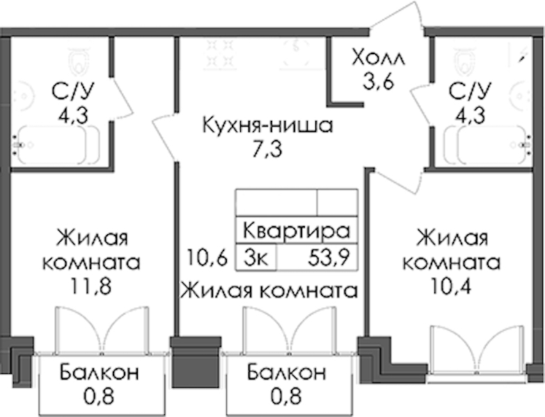 2-комнатная квартира 53.9 м², 2/9 эт., ЖК «Лермонтовский 54»